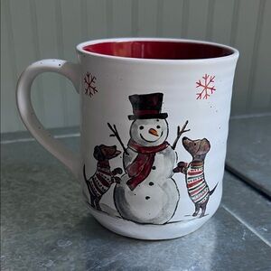 Festive Snowman and Dogs Ceramic Mug - Red and White